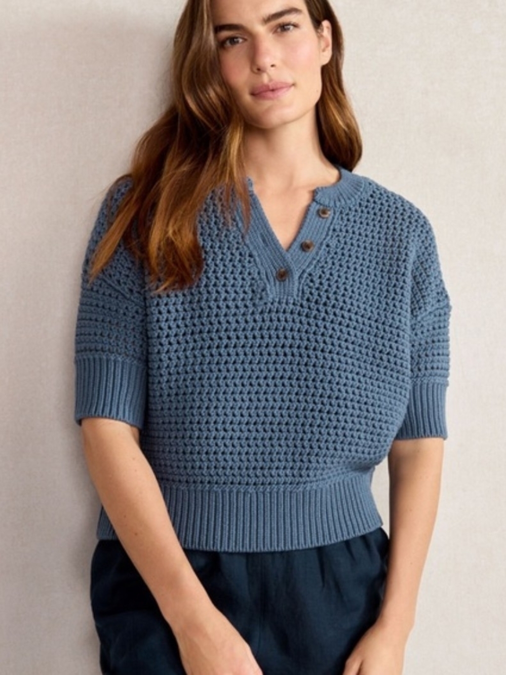 NWT Haven Textured Knit Blue V-Neck Short Sleeve Sweater
